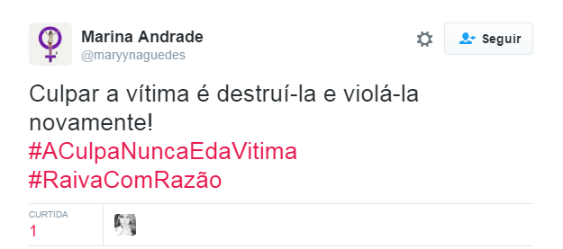 Depois do caso chocante da adolescente de 16 anos estuprada por 33 homens no Rio de Janeiro e o posicionamento machista da justiça e de parte da população, a internet se uniu contra a terrível cultura do estupro no Brasil com a hashtag #ACulpaNuncaÉDaVítima. Clubes esportivos, a atriz americana Emma Watson, a página brasileira da série Gilmore Girls, além de centenas de anônimos se manifestaram sobre o assunto. 