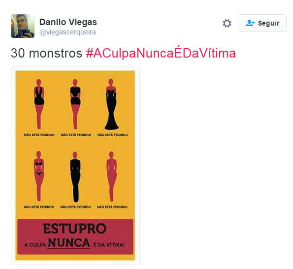 Depois do caso chocante da adolescente de 16 anos estuprada por 33 homens no Rio de Janeiro e o posicionamento machista da justiça e de parte da população, a internet se uniu contra a terrível cultura do estupro no Brasil com a hashtag #ACulpaNuncaÉDaVítima. Clubes esportivos, a atriz americana Emma Watson, a página brasileira da série Gilmore Girls, além de centenas de anônimos se manifestaram sobre o assunto. 