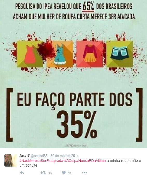 Depois do caso chocante da adolescente de 16 anos estuprada por 33 homens no Rio de Janeiro e o posicionamento machista da justiça e de parte da população, a internet se uniu contra a terrível cultura do estupro no Brasil com a hashtag #ACulpaNuncaÉDaVítima. Clubes esportivos, a atriz americana Emma Watson, a página brasileira da série Gilmore Girls, além de centenas de anônimos se manifestaram sobre o assunto. 