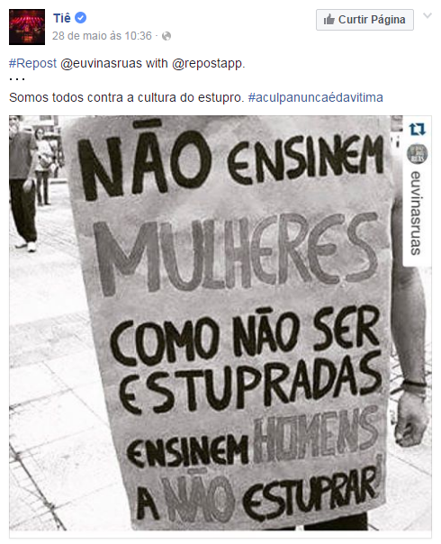 Depois do caso chocante da adolescente de 16 anos estuprada por 33 homens no Rio de Janeiro e o posicionamento machista da justiça e de parte da população, a internet se uniu contra a terrível cultura do estupro no Brasil com a hashtag #ACulpaNuncaÉDaVítima. Clubes esportivos, a atriz americana Emma Watson, a página brasileira da série Gilmore Girls, além de centenas de anônimos se manifestaram sobre o assunto. 