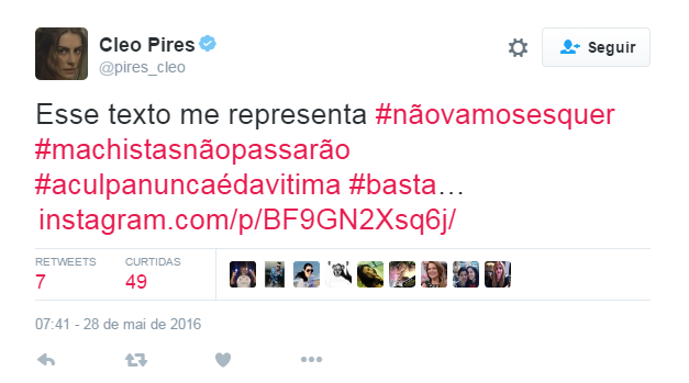 Depois do caso chocante da adolescente de 16 anos estuprada por 33 homens no Rio de Janeiro e o posicionamento machista da justiça e de parte da população, a internet se uniu contra a terrível cultura do estupro no Brasil com a hashtag #ACulpaNuncaÉDaVítima. Clubes esportivos, a atriz americana Emma Watson, a página brasileira da série Gilmore Girls, além de centenas de anônimos se manifestaram sobre o assunto. 