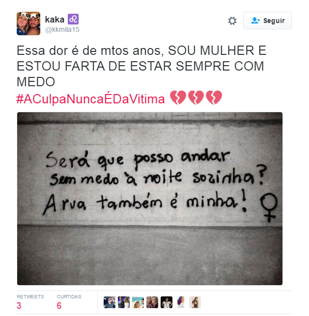 Depois do caso chocante da adolescente de 16 anos estuprada por 33 homens no Rio de Janeiro e o posicionamento machista da justiça e de parte da população, a internet se uniu contra a terrível cultura do estupro no Brasil com a hashtag #ACulpaNuncaÉDaVítima. Clubes esportivos, a atriz americana Emma Watson, a página brasileira da série Gilmore Girls, além de centenas de anônimos se manifestaram sobre o assunto. 