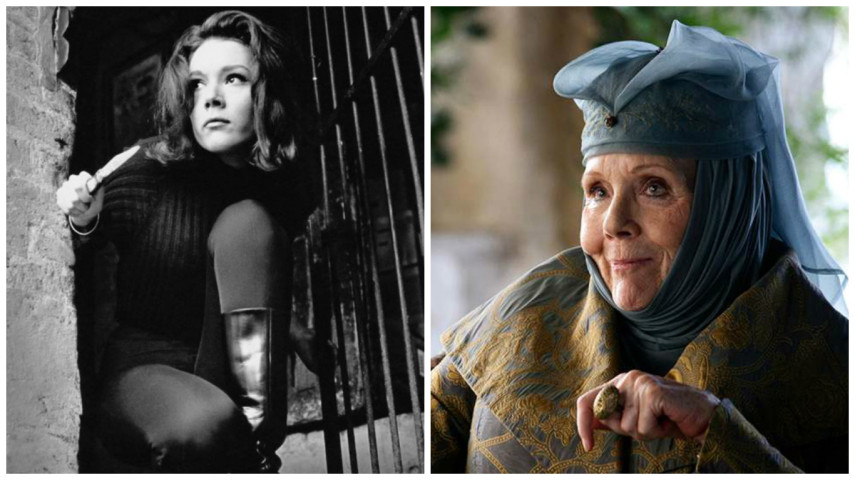 Diana Rigg como Emma Peel em 1961, no filme The Avengers, e como Olenna Tyrrel em GoT