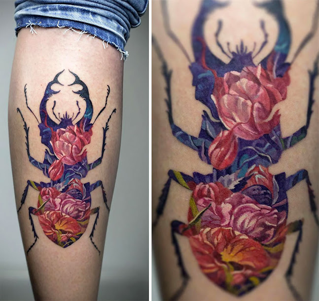 Andrey Lukovnikov gosta de combinar contornos e preenchimentos variados em suas tatuagens. O resultado lembra a técnica de fotografia chamada 