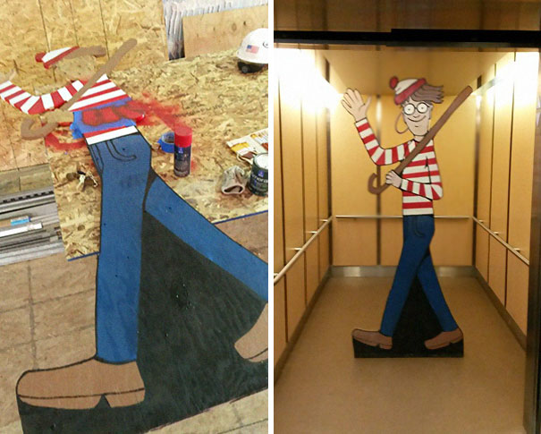Com a ajuda da filha, Haney construiu um Wally, do famoso livro Onde Está Wally?, de 2,4 metros, que é escondido todos os dias na construção para as crianças do hospital encontrarem