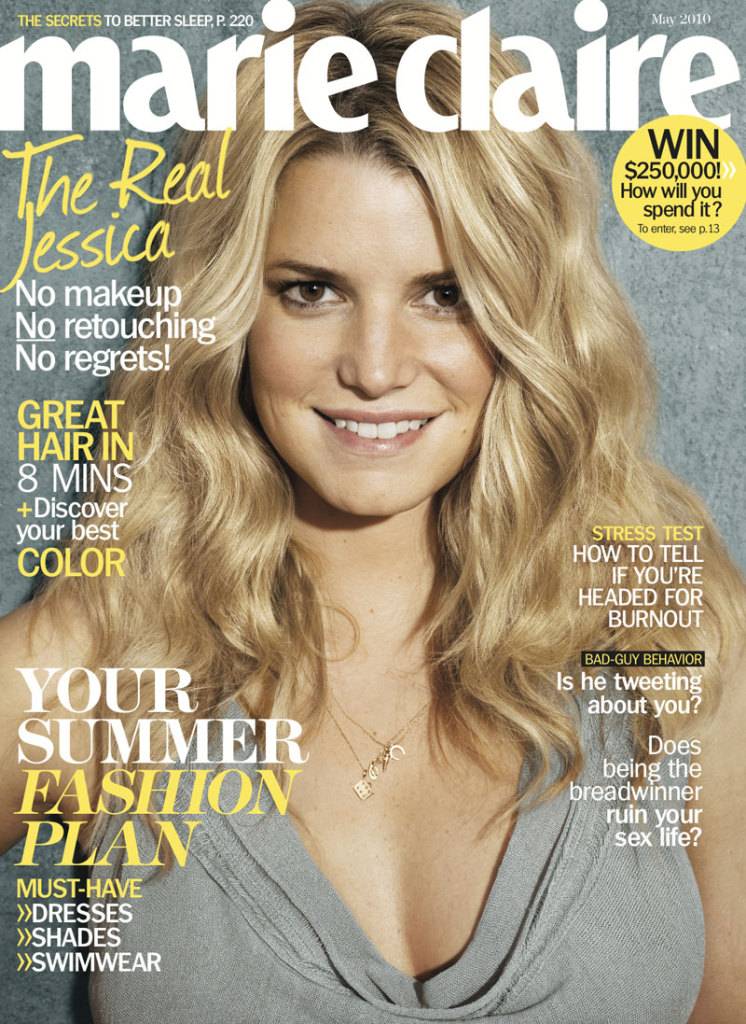 Jessica Simpson disse que não usou nenhuma maquiagem para a capa da Marie Claire. O objetivo era mostrar a mulher real. A revista afirmou que ela usou apenas usou secador de cabelo. Será?