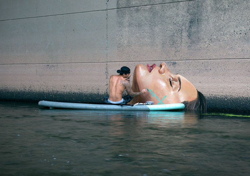 Sean Yoro é um surfista havaiano radicado em Nova York, que se equilibra sobre uma prancha para pintar murais belíssimos à beira da água