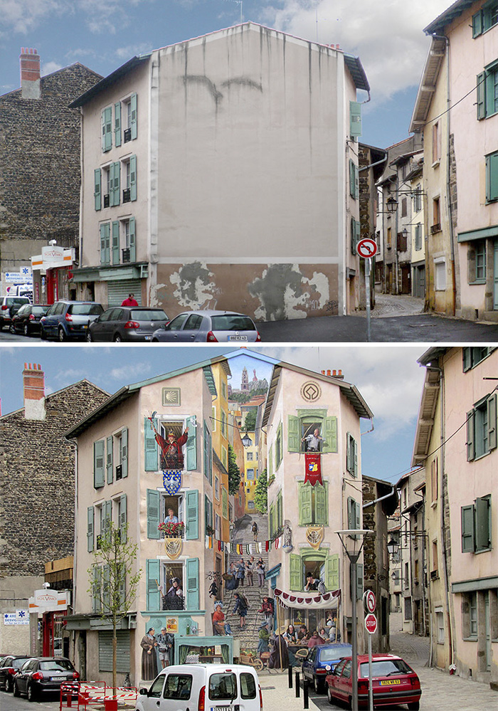 O artista francês Patrick Commecy está deixando as cidades por onde passa muito mais divertidas