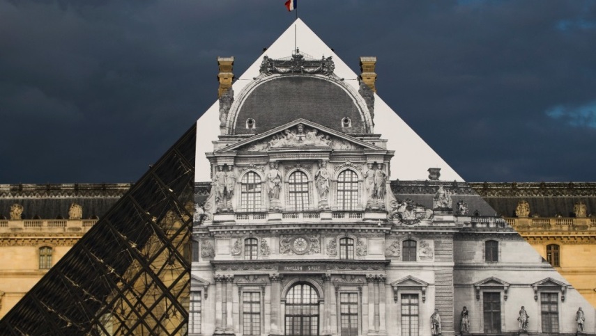 JR at the Louvre (2016) - o artista JR criou esta ilusão na fachada do museu quando colocou esta foto preta e branca no local