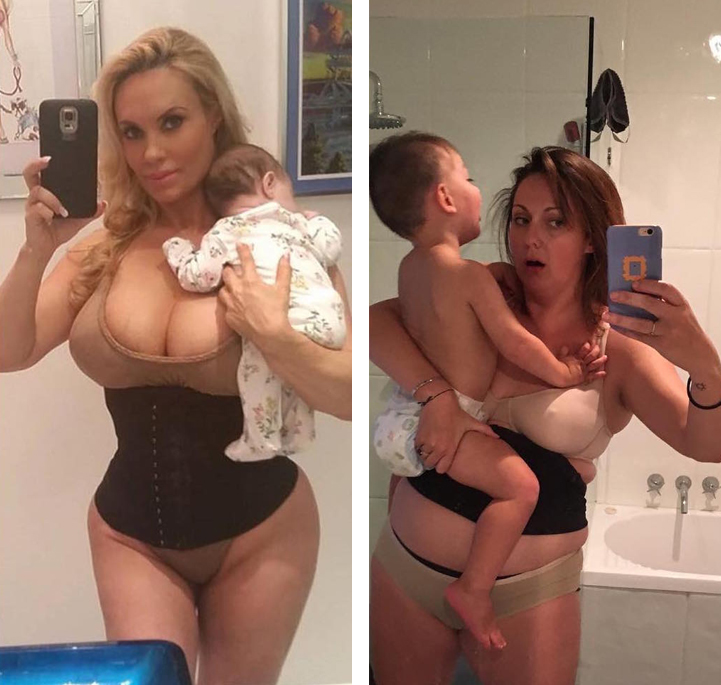 Celeste Barber tenta recriar algumas fotos de celebs com seus filhotes para mostrar que a maternidade não é tão glamourosa assim - não para as mamães comuns, pelo menos