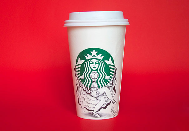 O ilustrador Abe Green resolveu desenhar no copo em que tinha acabado de tomar café e começou uma série incrível de ilustrações chamada A Vida Secreta da Sereia do Starbucks