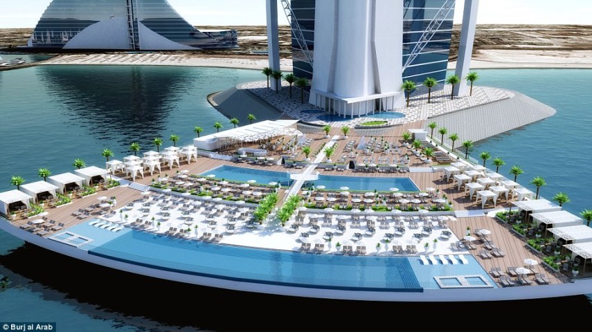 O hotel mais luxuoso do mundo que é o prédio símbolo de Dubai. É o único hotel 7 estrelas do mundo. Para conhecer o hall do hotel, que é de ouro, é necessário desembolsar 'apenas' US$ 75,00 (R$ 242 reais) por pessoa
