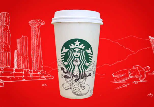 O ilustrador Abe Green resolveu desenhar no copo em que tinha acabado de tomar café e começou uma série incrível de ilustrações chamada A Vida Secreta da Sereia do Starbucks
