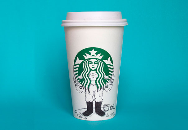 O ilustrador Abe Green resolveu desenhar no copo em que tinha acabado de tomar café e começou uma série incrível de ilustrações chamada A Vida Secreta da Sereia do Starbucks