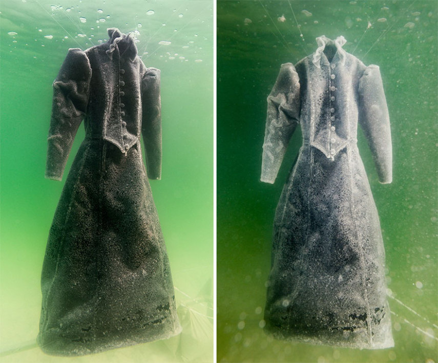 O artista israelense Sigalit Landau deixou um vestido submerso no Mar Morto por 2 anos. O resultado está exposto em um museu de Londres