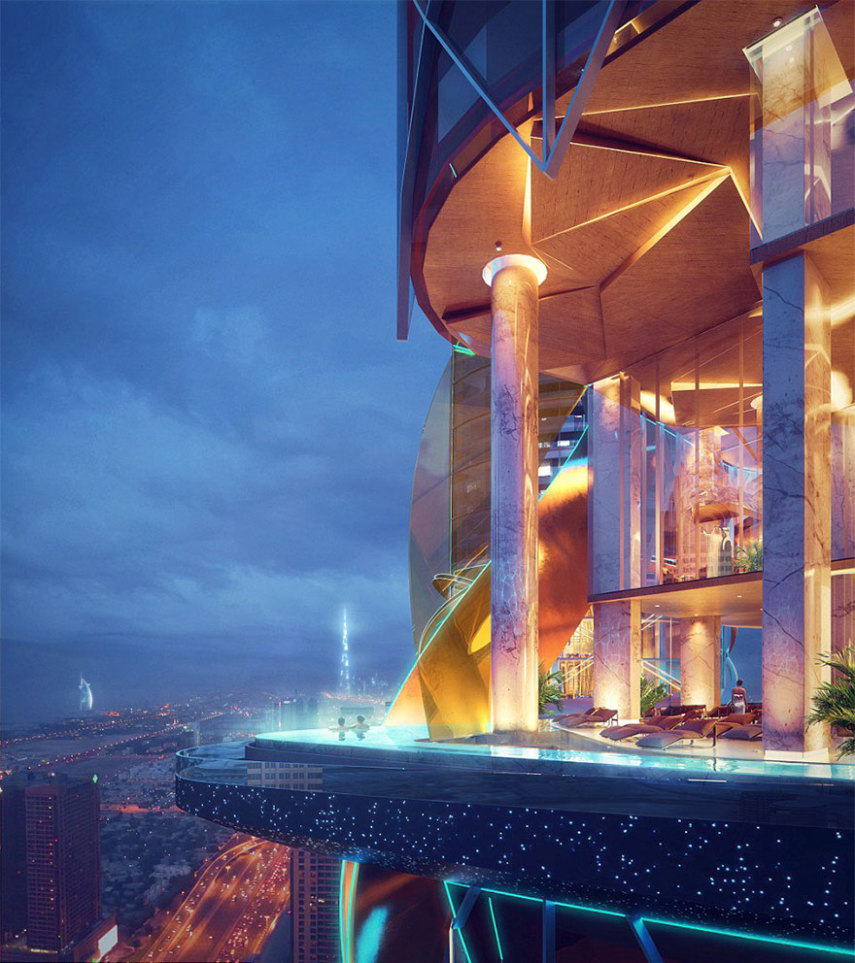 O hotel ficará pronto em 2018 e fica em Dubai, nos Emirados Árabes. Serão duas torres de 47 andares, que terão restaurantes, bares, piscina e até uma floresta tropical!