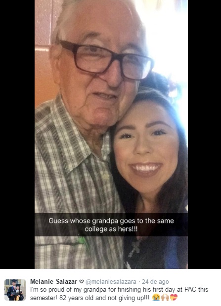 Melanie tem 18 anos. Sr. Rene tem 82. E, avô e neta, estão estudando em faculdade do Texas, nos Estados Unidos