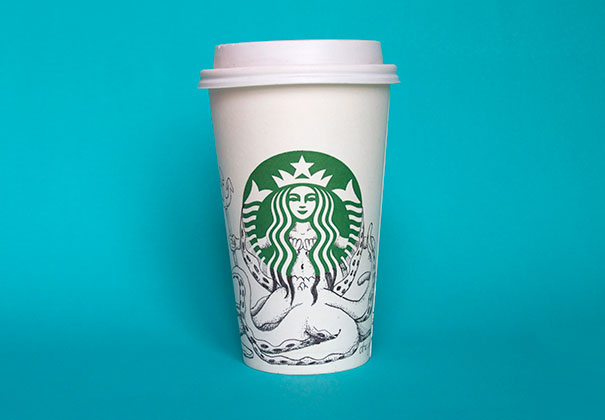 O ilustrador Abe Green resolveu desenhar no copo em que tinha acabado de tomar café e começou uma série incrível de ilustrações chamada A Vida Secreta da Sereia do Starbucks