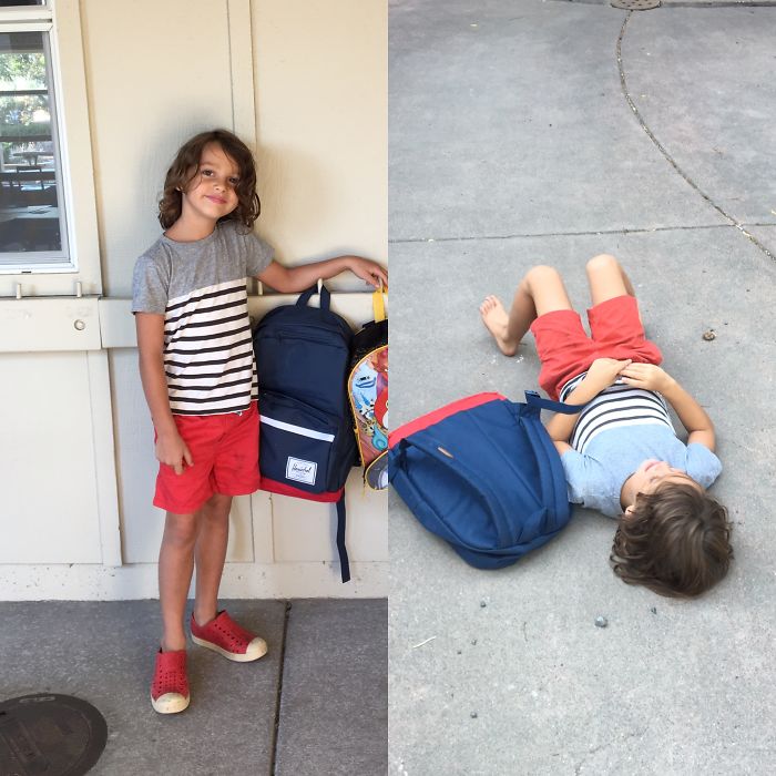Essas crianças estão muito cansadas após o primeiro dia na escola