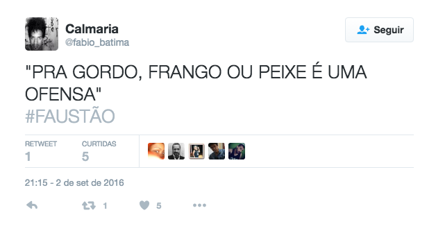 Em sua temporada de despedida do Programa do Jô, na TV Globo, Jô Soares tem levado convidados especiais em suas últimas gravações na emissora. Na madrugada desse sábado (3), o humorista conseguiu um feito de poucos: entrevistou Fausto Silva, o Faustão, famosos por negar entrevistas e aparecer somente em seu próprio programa, o Domingão do Faustão.  Bem humorado e simpático, Faustão chamou a atenção dos internautas que se deparam com esse encontro histórico da TV, principalmente pelo jeito fluidez da conversa entre os dois. É claro que internet não perdoou e fez vários memes com o apresentador, mas também elogiou a entrevista leve na atração.