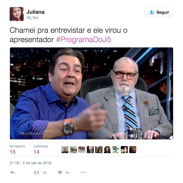 Em sua temporada de despedida do Programa do Jô, na TV Globo, Jô Soares tem levado convidados especiais em suas últimas gravações na emissora. Na madrugada desse sábado (3), o humorista conseguiu um feito de poucos: entrevistou Fausto Silva, o Faustão, famosos por negar entrevistas e aparecer somente em seu próprio programa, o Domingão do Faustão.  Bem humorado e simpático, Faustão chamou a atenção dos internautas que se deparam com esse encontro histórico da TV, principalmente pelo jeito fluidez da conversa entre os dois. É claro que internet não perdoou e fez vários memes com o apresentador, mas também elogiou a entrevista leve na atração.