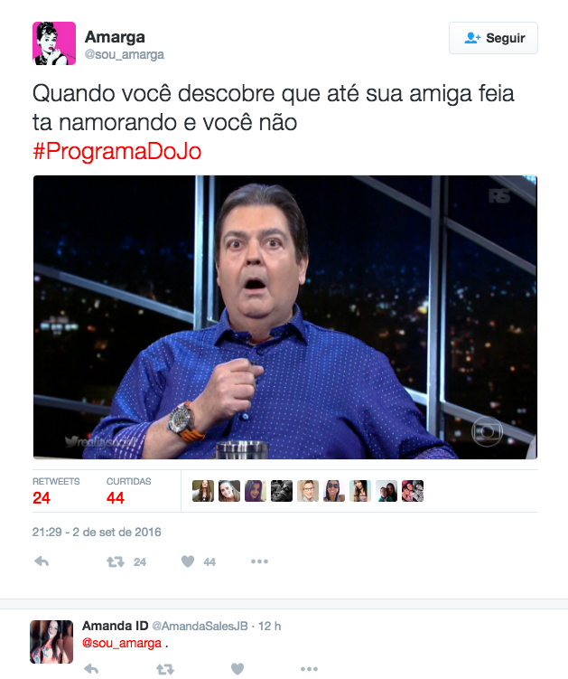 Em sua temporada de despedida do Programa do Jô, na TV Globo, Jô Soares tem levado convidados especiais em suas últimas gravações na emissora. Na madrugada desse sábado (3), o humorista conseguiu um feito de poucos: entrevistou Fausto Silva, o Faustão, famosos por negar entrevistas e aparecer somente em seu próprio programa, o Domingão do Faustão.  Bem humorado e simpático, Faustão chamou a atenção dos internautas que se deparam com esse encontro histórico da TV, principalmente pelo jeito fluidez da conversa entre os dois. É claro que internet não perdoou e fez vários memes com o apresentador, mas também elogiou a entrevista leve na atração.