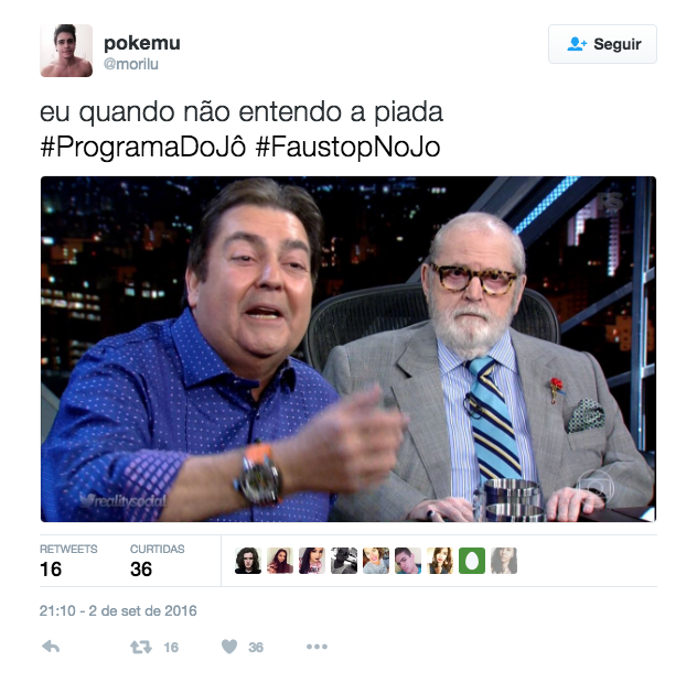 Em sua temporada de despedida do Programa do Jô, na TV Globo, Jô Soares tem levado convidados especiais em suas últimas gravações na emissora. Na madrugada desse sábado (3), o humorista conseguiu um feito de poucos: entrevistou Fausto Silva, o Faustão, famosos por negar entrevistas e aparecer somente em seu próprio programa, o Domingão do Faustão.  Bem humorado e simpático, Faustão chamou a atenção dos internautas que se deparam com esse encontro histórico da TV, principalmente pelo jeito fluidez da conversa entre os dois. É claro que internet não perdoou e fez vários memes com o apresentador, mas também elogiou a entrevista leve na atração.