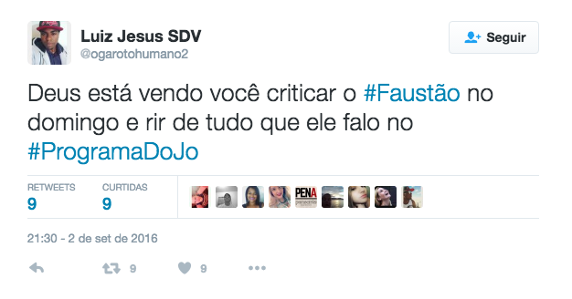 Em sua temporada de despedida do Programa do Jô, na TV Globo, Jô Soares tem levado convidados especiais em suas últimas gravações na emissora. Na madrugada desse sábado (3), o humorista conseguiu um feito de poucos: entrevistou Fausto Silva, o Faustão, famosos por negar entrevistas e aparecer somente em seu próprio programa, o Domingão do Faustão.  Bem humorado e simpático, Faustão chamou a atenção dos internautas que se deparam com esse encontro histórico da TV, principalmente pelo jeito fluidez da conversa entre os dois. É claro que internet não perdoou e fez vários memes com o apresentador, mas também elogiou a entrevista leve na atração.