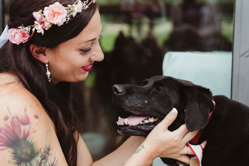 Amigos de 15 anos, noiva caminhou até o altar acompanhada de seu cachorro, que pouco antes havia sido diagnosticado com câncer no cérebro