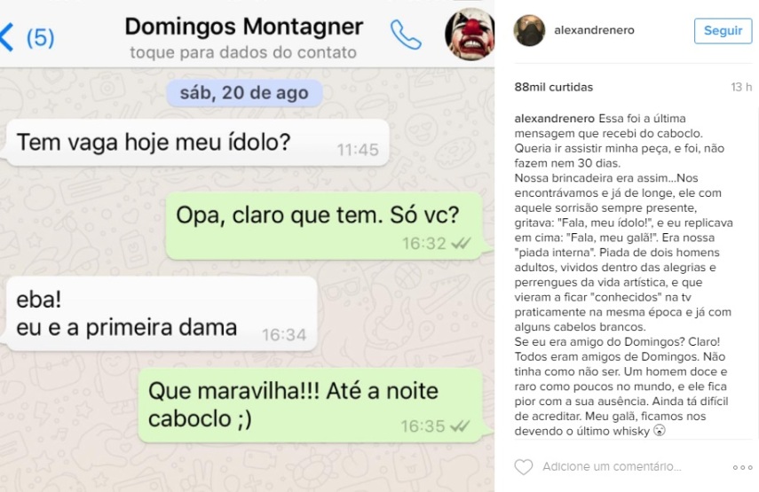 O ator morreu na tarde da última quinta-feira (15) afogado no rio São Francisco, em Canindé, Sergipe. Cantores, atores e apresentadores relembraram momentos de trabalho ao lado de Domingos e escreveram mensagens emocionadas na tentativa de entender e aceitar a tragédia.