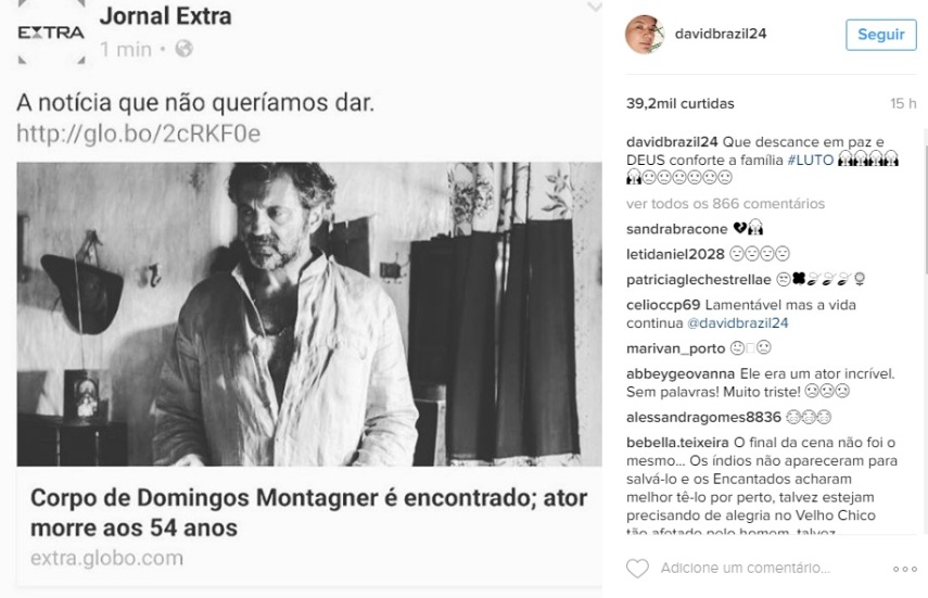 O ator morreu na tarde da última quinta-feira (15) afogado no rio São Francisco, em Canindé, Sergipe. Cantores, atores e apresentadores relembraram momentos de trabalho ao lado de Domingos e escreveram mensagens emocionadas na tentativa de entender e aceitar a tragédia.