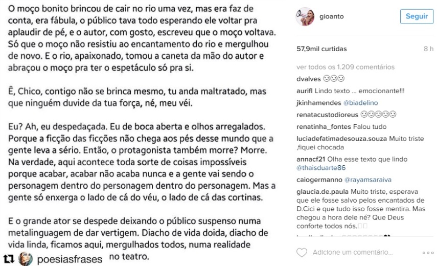 O ator morreu na tarde da última quinta-feira (15) afogado no rio São Francisco, em Canindé, Sergipe. Cantores, atores e apresentadores relembraram momentos de trabalho ao lado de Domingos e escreveram mensagens emocionadas na tentativa de entender e aceitar a tragédia.
