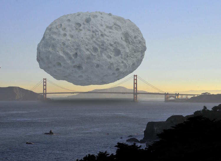 O asteroide Dionysus, estimado em 1,5 km, parece gigantesco. Mas, é menor que a ponte Golden Gate, nos EUA, que mede 2,737m de comprimento. 