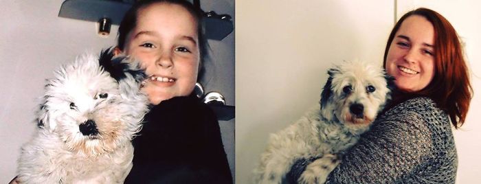 Antes e depois, pessoas e cachorros que cresceram juntos