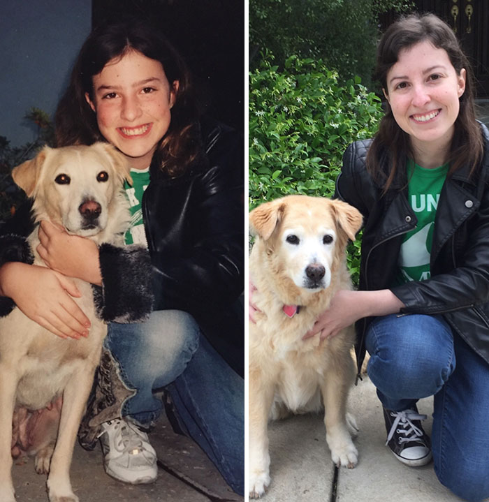 Antes e depois, pessoas e cachorros que cresceram juntos