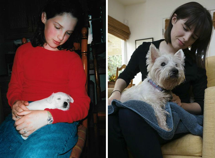 Antes e depois, pessoas e cachorros que cresceram juntos