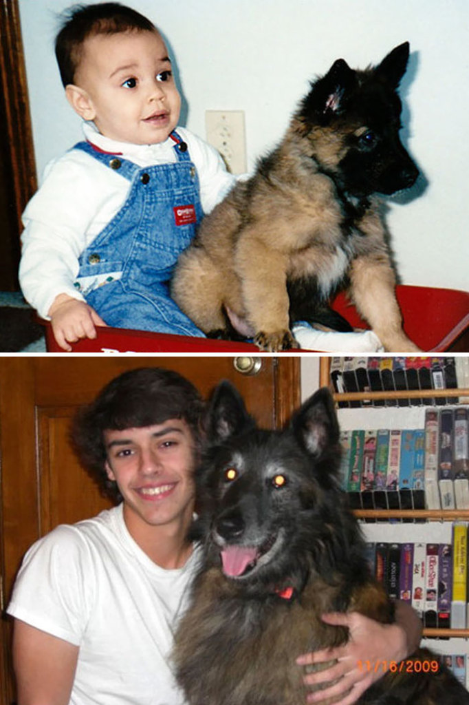 Antes e depois, pessoas e cachorros que cresceram juntos