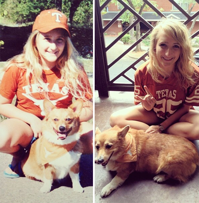 Antes e depois, pessoas e cachorros que cresceram juntos