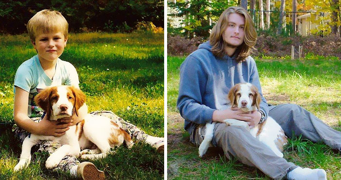 Antes e depois, pessoas e cachorros que cresceram juntos