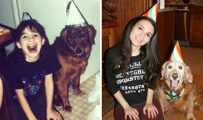 Antes e depois, pessoas e cachorros que cresceram juntos