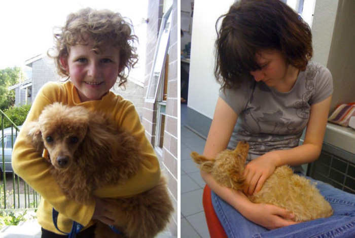 Antes e depois, pessoas e cachorros que cresceram juntos