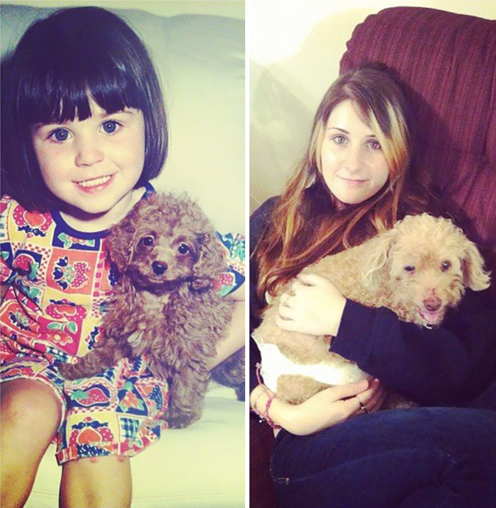 Antes e depois, pessoas e cachorros que cresceram juntos