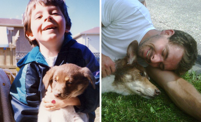 Antes e depois, pessoas e cachorros que cresceram juntos