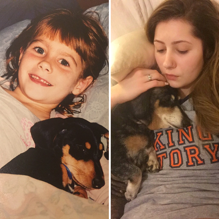 Antes e depois, pessoas e cachorros que cresceram juntos