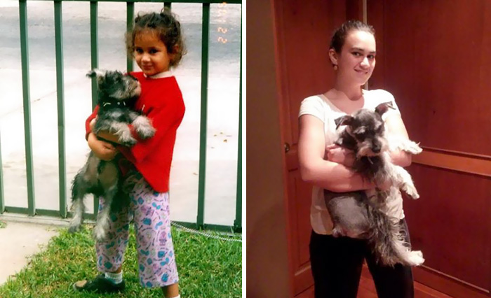 Antes e depois, pessoas e cachorros que cresceram juntos