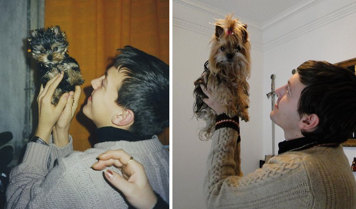 Antes e depois, pessoas e cachorros que cresceram juntos