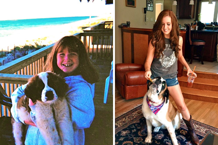 Antes e depois, pessoas e cachorros que cresceram juntos