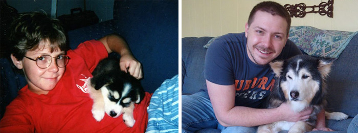 Antes e depois, pessoas e cachorros que cresceram juntos