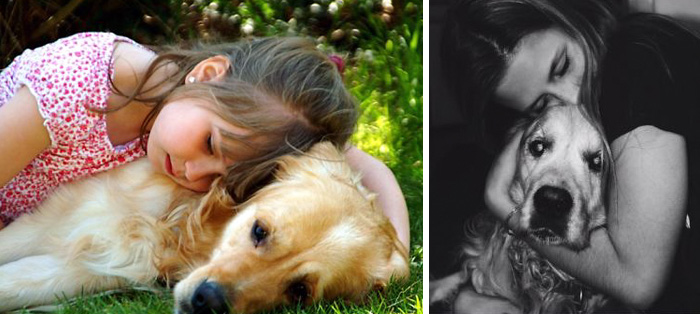 Antes e depois, pessoas e cachorros que cresceram juntos
