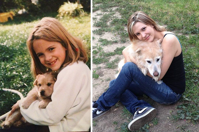 Antes e depois, pessoas e cachorros que cresceram juntos